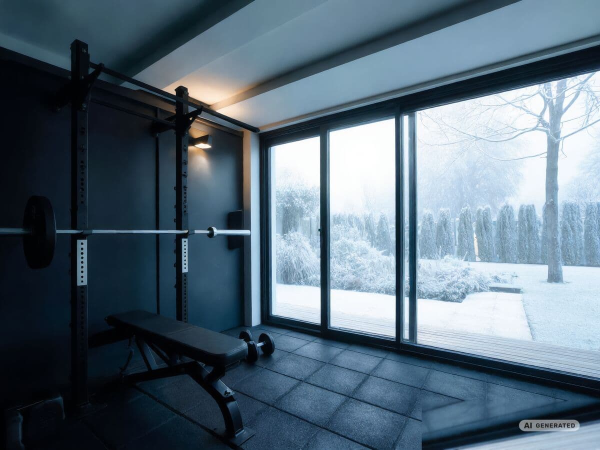 Blick aus dem REINHART Fitness nach draußen: Rack, Hantelbank und dunkler Sportboden, hinter der Glasfront liegt Schnee im Garten.
