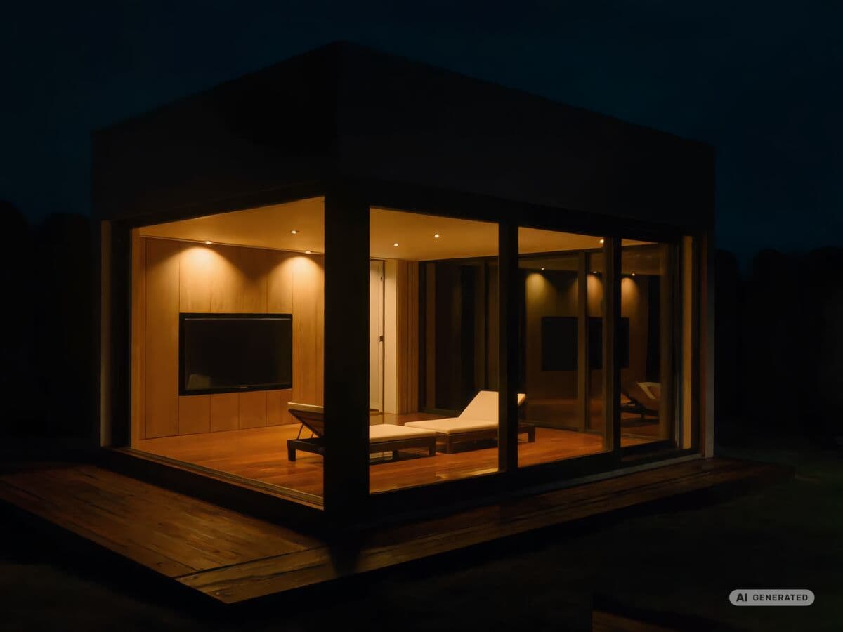 REINHART Lounge am Abend, durch die Glasfront sind eine Liege und ein Fernseher an der Wand zu sehen, warmes Deckenlicht auf hellem Holz.