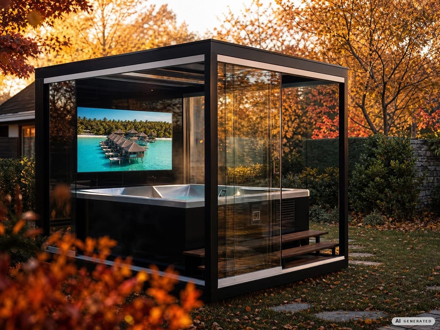 REINHART Spa im herbstlichen Garten mit goldrotem Laub, Schiebeelemente geöffnet, Whirlpool und Fernseher im warm beleuchteten Inneren, Dampf über dem Wasser.