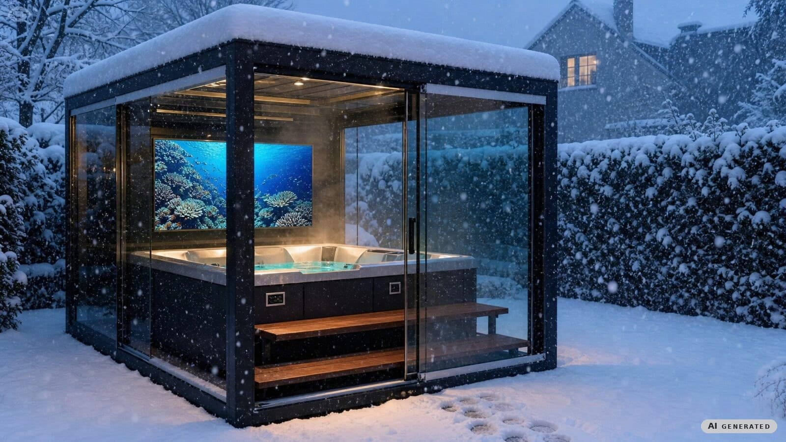 REINHART Spa im verschneiten Garten bei Winterdämmerung, Schnee auf Dach und Hecken, Whirlpool mit türkisem Wasser, Dampf steigt aus der offenen Schiebetür, Fußspuren im Schnee.