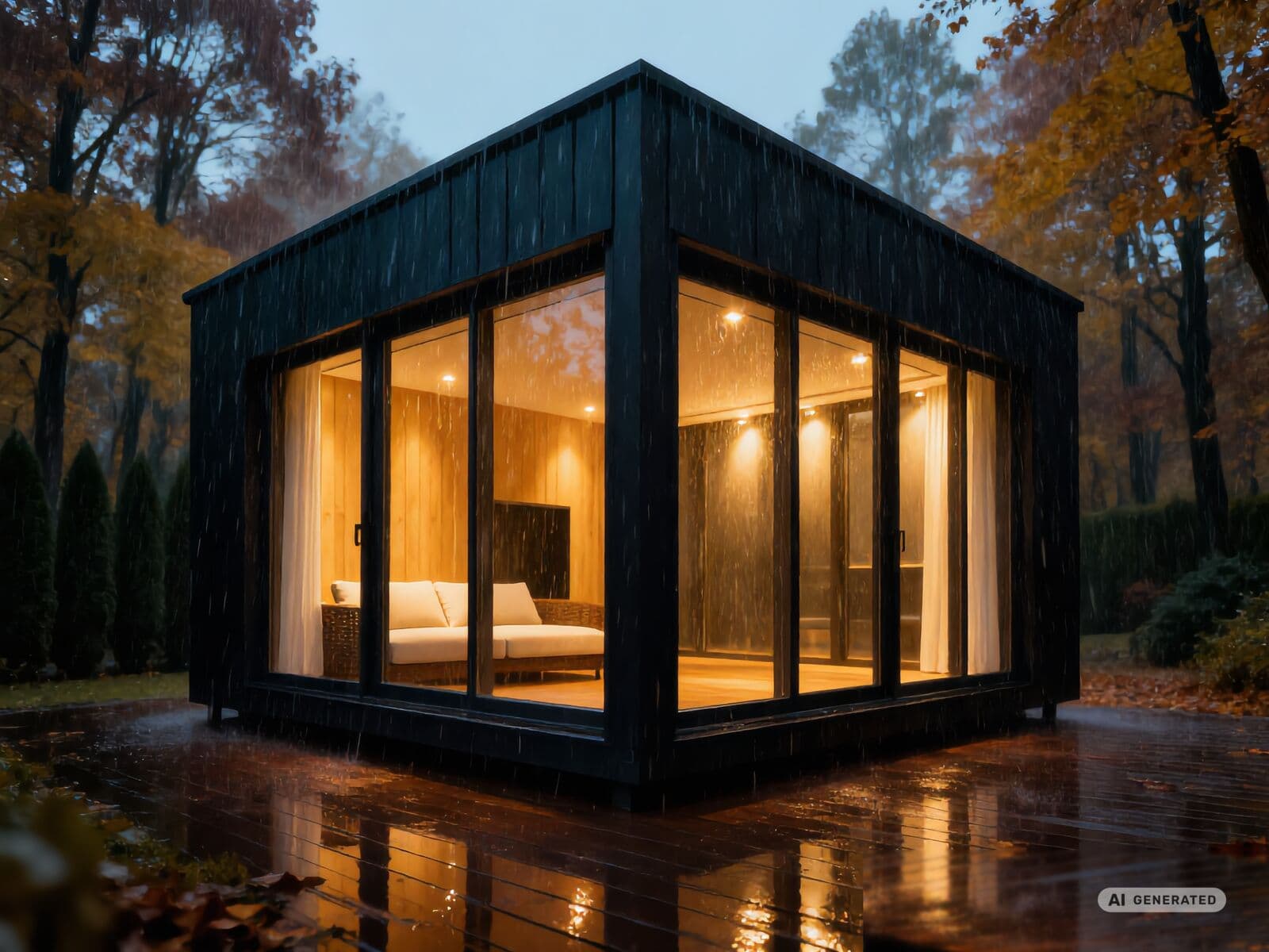 REINHART Glas-Gartenzimmer im Abendlicht