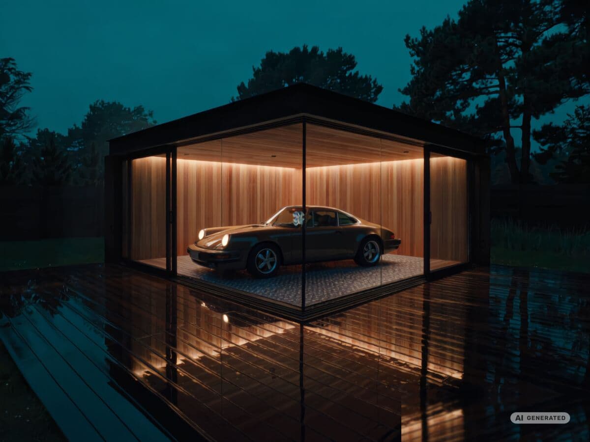 REINHART Gallery bei Nacht als beleuchtete Vitrine, im Inneren steht ein Sportwagen vor einer warm beleuchteten Holzwand, das nasse Pflaster spiegelt.